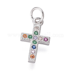 Brass Micro Pave Cubic Zirconia Tiny Cross Charms, with Jump Rings, Colorful, Platinum, 14x8.5x1.5mm, Hole: 3mm