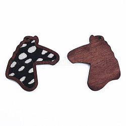 Grands pendentifs en cuir de vachette écologique, avec du bois teint, tête de cheval avec motif vache, noir, 53.5x42x3mm, Trou: 2mm