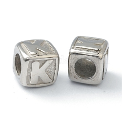 304 perline europei in acciaio inox, perline con foro grande, foro orizzontale, cubo con lettera, colore acciaio inossidabile, letter.k, 8x8x8mm, Foro: 4 mm