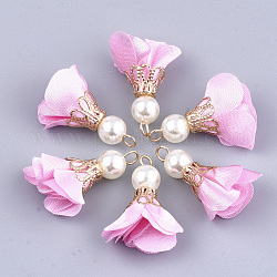 Pendentifs en fer, avec un chiffon et une perle d'imitation en plastique ABS, fleur, or, perle rose, 25~32x15~25mm, Trou: 1~4mm
