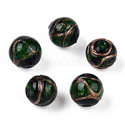 Handgemachte Glasperlen Goldsand, Runde, grün, 10~10.5x9~9.5 mm, Bohrung: 1.5 mm