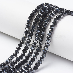 Chapelets de perles en verre opaque électrolytique, demi gris, facette, rondelle, noir, 6x5mm, Trou: 1mm, Environ 85~88 pcs/chapelet, 16.1~16.5 pouce (41~42 cm)