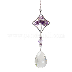 K9 Kristallglas große hängende Dekorationen, hängende Sonnenfänger, mit Amethyst Chip-Perlen, Rhombus mit Baum des Lebens, Indigo, 37 cm