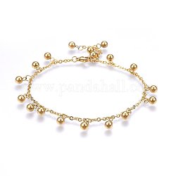 304 Stainless Steel Charm Anklets, with Lobster Claw Clasps and Cable Chains, Round, Golden, 9-7/8 inch(25cm), Charms: 11x5mm