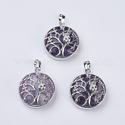 Natural Amethyst Pendants, with Brass Findings, Flat Round with Tree of Life, Platinum, 31~32x27x8~9mm, Hole: 5x7mm