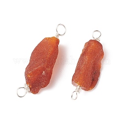 Breloques de connecteur de copeaux d'ambre naturel brut brut, avec doubles boucles en laiton, couleur d'argent, 28~31x10x7~9mm, Trou: 3mm