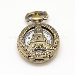 Talladas cabezas del reloj del cuarzo de la aleación de la torre Eiffel del vintage redondas plana hueco para reloj de bolsillo el collar del colgante, Bronce antiguo, 36x27x11.5mm