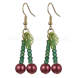 Acrylic & Glass Beaded Cherry Dangle Earrings, Iron Long Drop Earrings, Red, 51x16mm