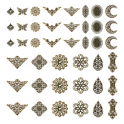 Kit de búsqueda de fabricación de joyas de diy, incluyendo uniones de filigrana de hierro y engarces y colgantes de conectores de cabujón, rombo y flor y mariposa, Bronce antiguo, 84 unidades / caja