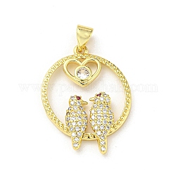 Brass Micro Pave Cubic Zirconia Pendants, Round with Bird & Heart, Real 16K Gold Plated, 26.5x20x3mm, Hole: 5x3.5mm