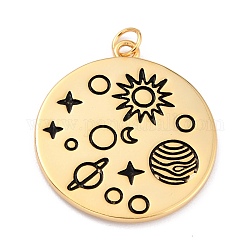Brass Enamel Pendants, Solar System Pendants, with Jump Rings, Long-Lasting Plated, Flat Round & Planet, Black, Real 18K Gold Plated, 24x21.5x1.5mm, Hole: 3mm
