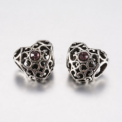 Perle europee di strass in lega di stile tibetano, perline con foro grande, cuore, argento antico, marrone rosato, 12x12.5x10mm, Foro: 5 mm