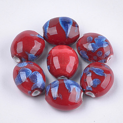 Manuell Porzellan Perlen, Phantasie antiken glasiertem Porzellan, Oval, rot, 20~21x17.5~18x12~13 mm, Bohrung: 2.5~3 mm