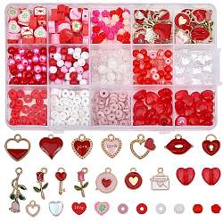 Superfindings diy kit de búsqueda de joyería para el día de san valentín, Incluye cuentas de resina de corazón y corazón y vidrio y acrílico y arcilla polimérica, Caja de flores y mensajes y colgantes de esmalte de aleación de sobres, rojo, 460 unidades / caja