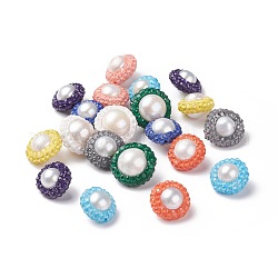 Perles de strass en argile polymère, avec perle d'eau douce de culture naturelle, plat rond, couleur mixte, 12~13x8~9mm, Trou: 0.7mm