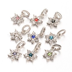 Large Hole Alloy Rhinestone European Dangle Charms, Flower, Antique Silver, Mixed Color, 23mm, Hole: 6mm