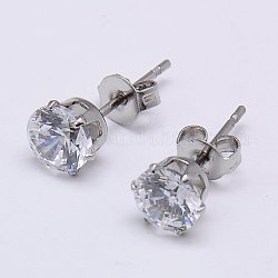 Cubic Zirconia Ear Studs, with 304 Stainless Steel Base, Flat Round, Stainless Steel Color, 8mm, Pin: 0.7mm