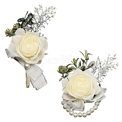 Pulsera de cinta de seda y broche, con pulseras elásticas de tela de seda con flores de imitación y perlas de imitación, para la boda, decoraciones de fiesta, encaje antiguo, 130~155x90~135x48~50mm