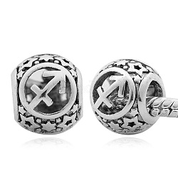 Brass European Beads, Large Hole Beads, Cadmium Free & Nickel Free & Lead Free, Antique Silver, Hollow, Barrel with Twelve Constellations Sign, Sagittarius, 11x9.5mm, Hole: 5mm