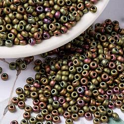 Perles rocailles miyuki rondes, Perles de rocaille japonais, 8/0, (rr2035) iris kaki métallisé mat, 3mm, Trou: 1mm, environ 19000~20500 pcs / livre