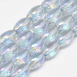 Chapelets de perles en verre électroplaqué, arc-en-ciel plaqué, facette, ovale, cyan clair, 11~12x8mm, Trou: 1mm, Environ 60 pcs/chapelet, 27.56 pouce
