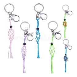4 porte-clés tressé à franges en macramé 4 couleurs, porte-clés breloque pampille en perles de verre noir pour sac à main, décoration de voiture, lime, 17.5 cm, 1 pc / couleur