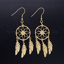 201 Stainless Steel Chandelier Earrings, Woven Net/Web with Feather, Golden, 70x20mm, Pin: 0.7mm