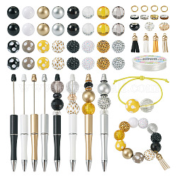 Kit de fabrication de stylos à perles diy beadthoven, y compris les perles rondelles européennes en acrylique et en résine rondes et en laiton avec strass, stylo à bille en plastique, Décorations de pendentif pompon en daim, couleur mixte, 98 pièces / kit