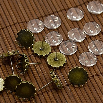 12x5~6mm Dome Transparent Glass Cabochons and Antique Bronze Brass Ear Stud Findings for DIY Stud Earrings, Nickel Free, Ear Stud: 13mm, Pin: 0.6mm, Tray: 12mm