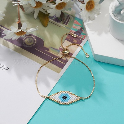 Плетеный ромб с японскими семенами и браслет-слайдер со звеном от сглаза BJEW-MZ00001-02-1