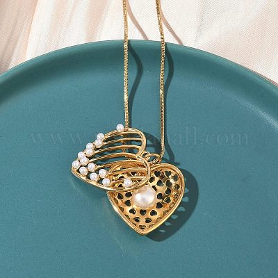 Женские ожерелья с подвеской в форме сердца из нержавеющей стали 304 с акриловым искусственным жемчугом NJEW-B151-01G-1
