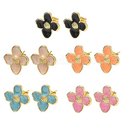Цветок латунь эмаль серьги стержня&nbsp;EJEW-P341-03G-1