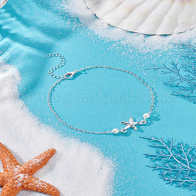 1 шт. браслеты на ногу из сплава с морскими звездами и пластиковым жемчугом&nbsp;AJEW-LP0007-56-1