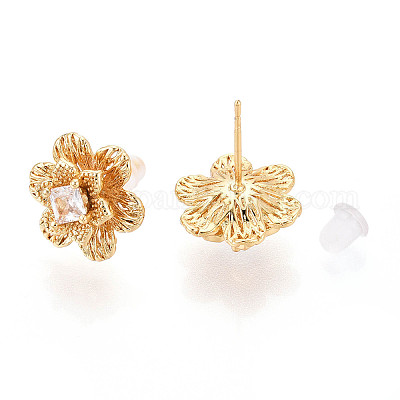 Серьги-гвоздики с прозрачным паве из латуни с кубическим цирконием KK-T077-19G-1