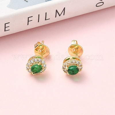 Овальные серьги-гвоздики из латуни с микропаве из прозрачных кубических цирконий EJEW-Z144-08G-1