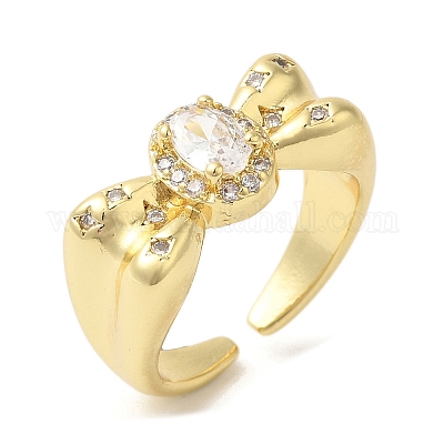 Открытые манжеты с бантом из латуни микро паве с прозрачным фианитом RJEW-U008-10G-1