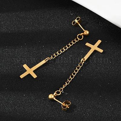 Перевернутый крест 201 серьги-гвоздики из нержавеющей стали EJEW-P314-01B-G-1