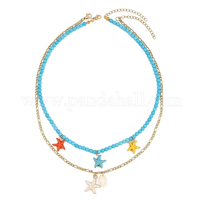 Подвеска из эмали и окрашенной синтетической бирюзы с морскими звездами и натуральными ракушками каури NJEW-JN05466-1