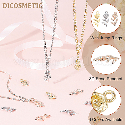 DICOSMETIC 12pcs 3 Colors Rose Flower Charms Stainless Steel 3 Colors Hollow Flower Charms Open Back Bezel Pendant for Valentine's