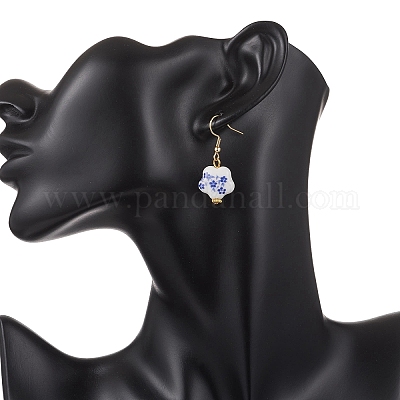 4 пара серег-подвесок из фарфора с принтом ручной работы EJEW-JE06701-1