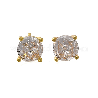 Плоские круглые серьги-гвоздики из латуни с микропаве и прозрачным фианитом EJEW-R018-08G-1