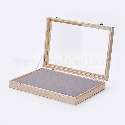 木製スタッドピアスプレゼンテーションボックス  ガラスとベルベットの枕で  長方形  アンティークホワイト  350x240x5.5cm ODIS-P006-10-1