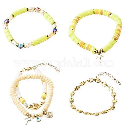 5Pcs 5 Style Handmade Polymer Clay Stretch & Brass Beaded & Alloy Link Chain Bracelets Set BJEW-SZ0001-66B-1