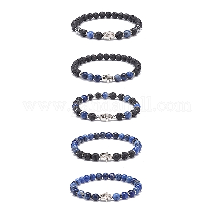 5 pièces 5 bracelets extensibles en roche de lave naturelle et sodalite de style serti d'alliage hamsa perlé à la main BJEW-JB08737-1