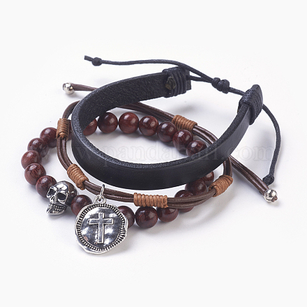 Natural Sandalwood Beads and Cowhide Leather Cord Bracelets Sets BJEW-JB03927-1