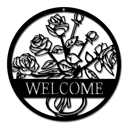 鉄のペンダントデコレーション  屋外の庭の装飾のため  花と言葉を歓迎するフラットラウンド  電気泳動黒  30x0.15cm HJEW-WH0013-018-1
