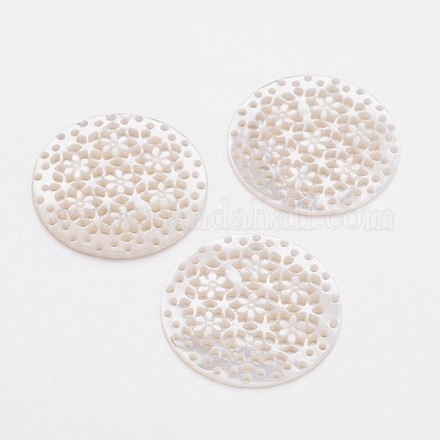Плоские круглые с цветочными натуральный белый кабошонах оболочки SHEL-L003-36-1