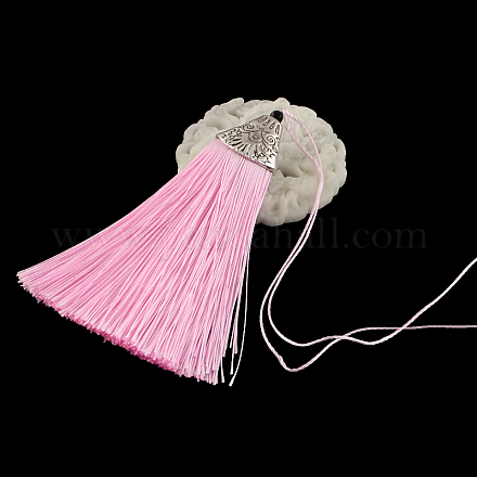 Décorations de pendentif pompon en polyester avec des accessoires en plastique CCB d'argent antique AJEW-R054-15-1