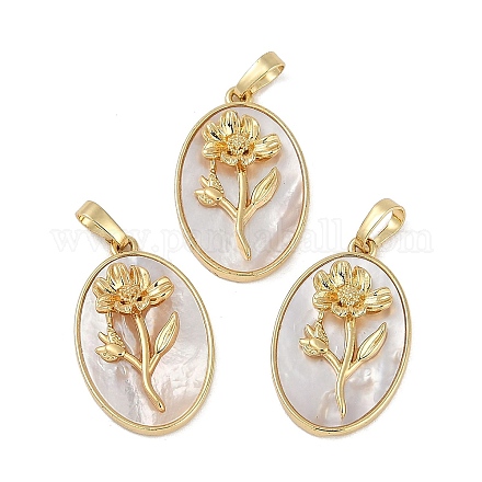 Овальные подвески из латуни с покрытием из ракушки KK-U032-92G-03-1