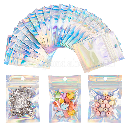 SUPERFINDINGS about 150pcs Holographic Mylar Bags 10x7cm Rectangle Zip Lock Plastic Laser Clear Bags Resealable Bags for Candy Cookies Party Food Storage OPP-FH0001-01-1